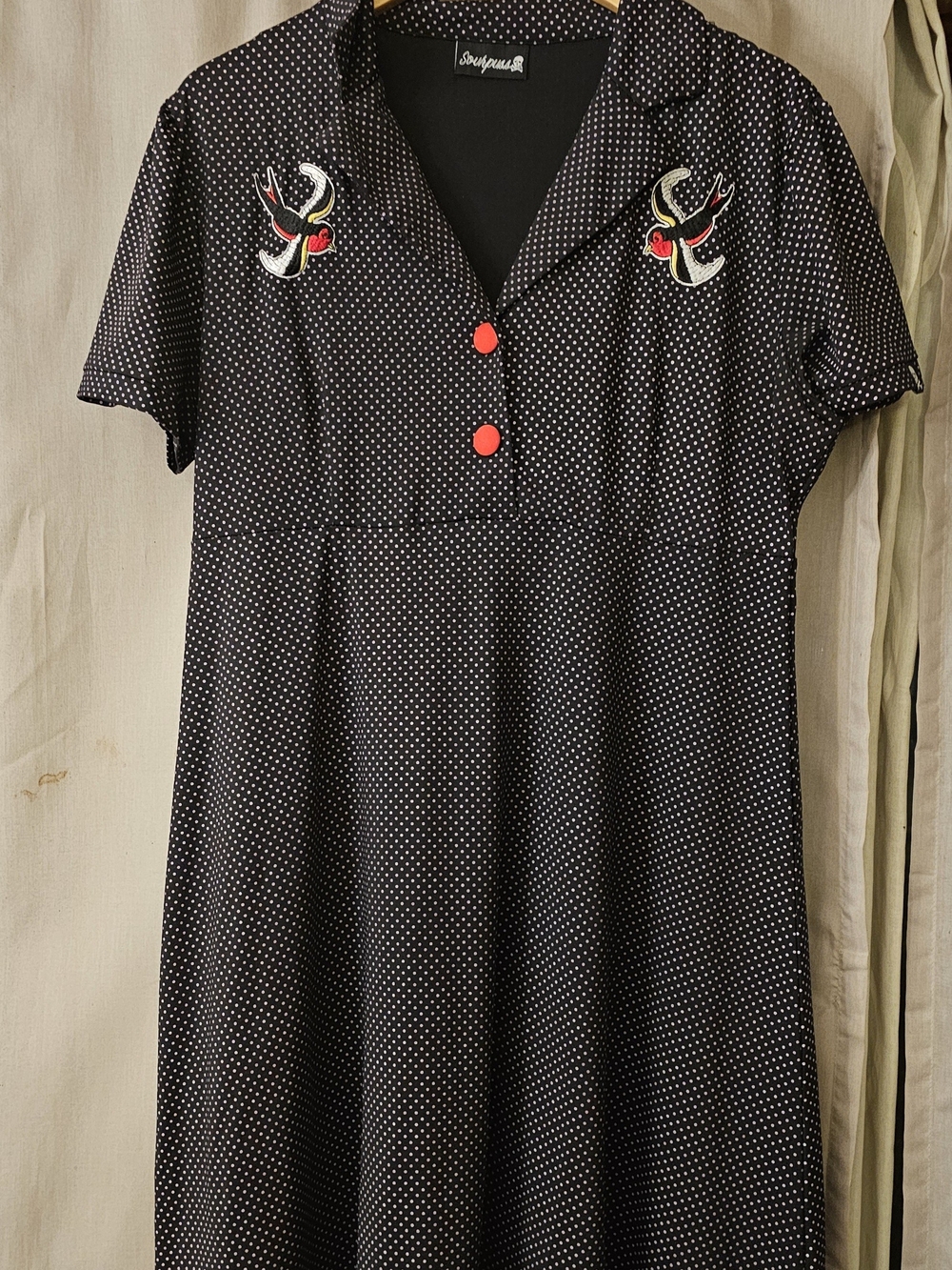 Sourpuss Black Polka Dot Midi Dress with Red Buttons & Embroidered Swallows